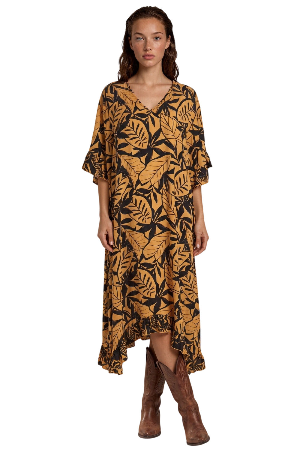 Kaftan Midi Com Pontas Laterais Marrom Claro Estampado Yacamim J10