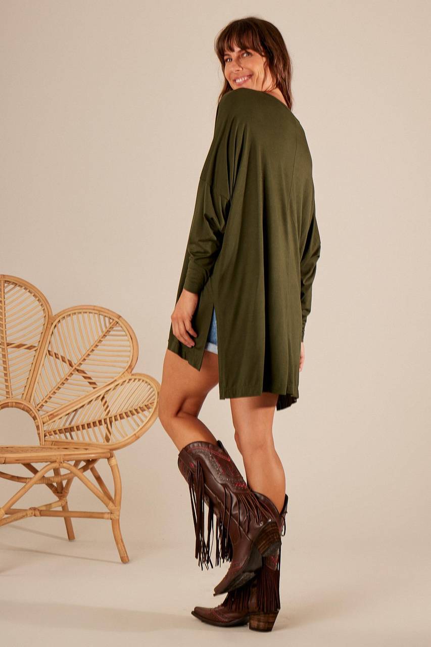 Yacamim Dark Green Loose Basic Blouse with Elongated Back