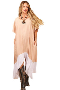 Yacamim Beige Patchwork Midi Dress with Pockets