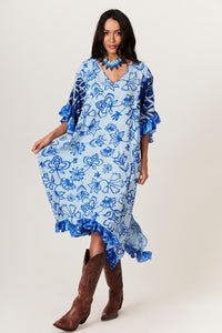 Yacamim J4 Printed Blue V-Neck Loose Kaftan