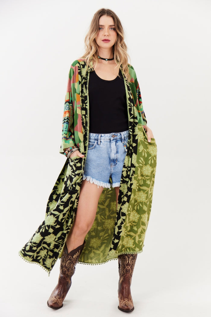 Yacamim J3 Green Patchwork Midi Kimono