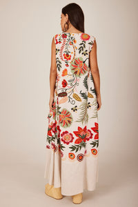 Yacamim E22 White Printed Linen Sleeveless Midi Dress