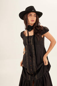 Yacamim Brown Linen Long Dress with Lace Inserts
