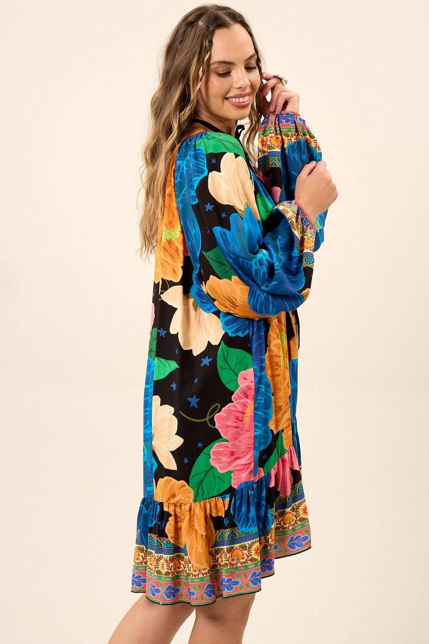 Yacamim Blue Printed Short Dress With Puffy Long Sleeves