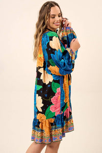 Yacamim Blue Printed Short Dress With Puffy Long Sleeves