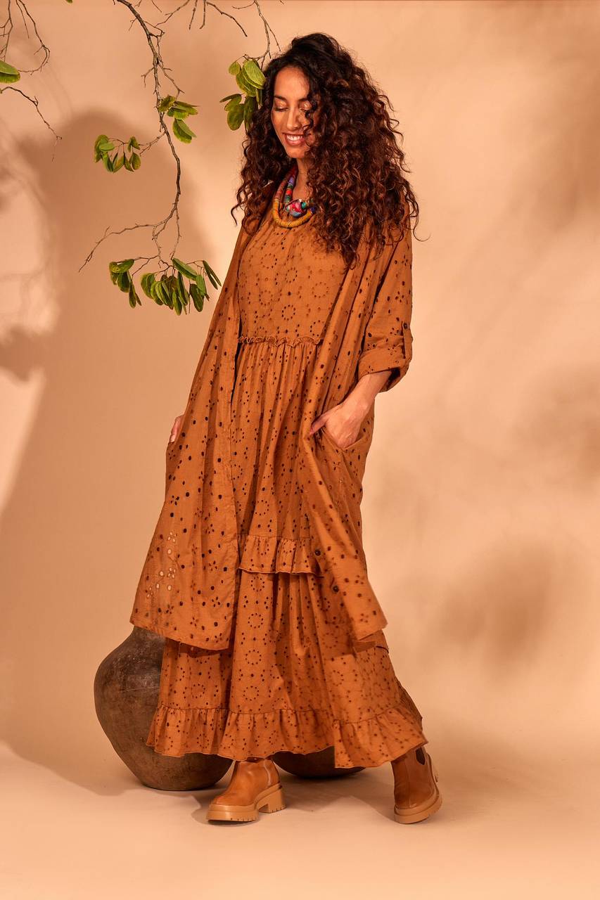 Yacamim Brown Midi Embroidery Shirt No Cuffs