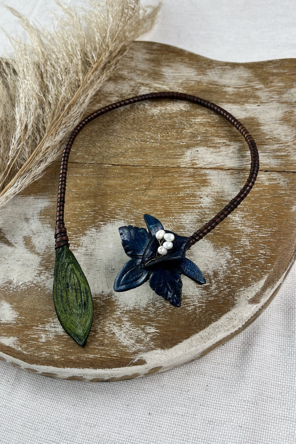 Leather Necklace with Blue Orchid Flower Yacamim #73