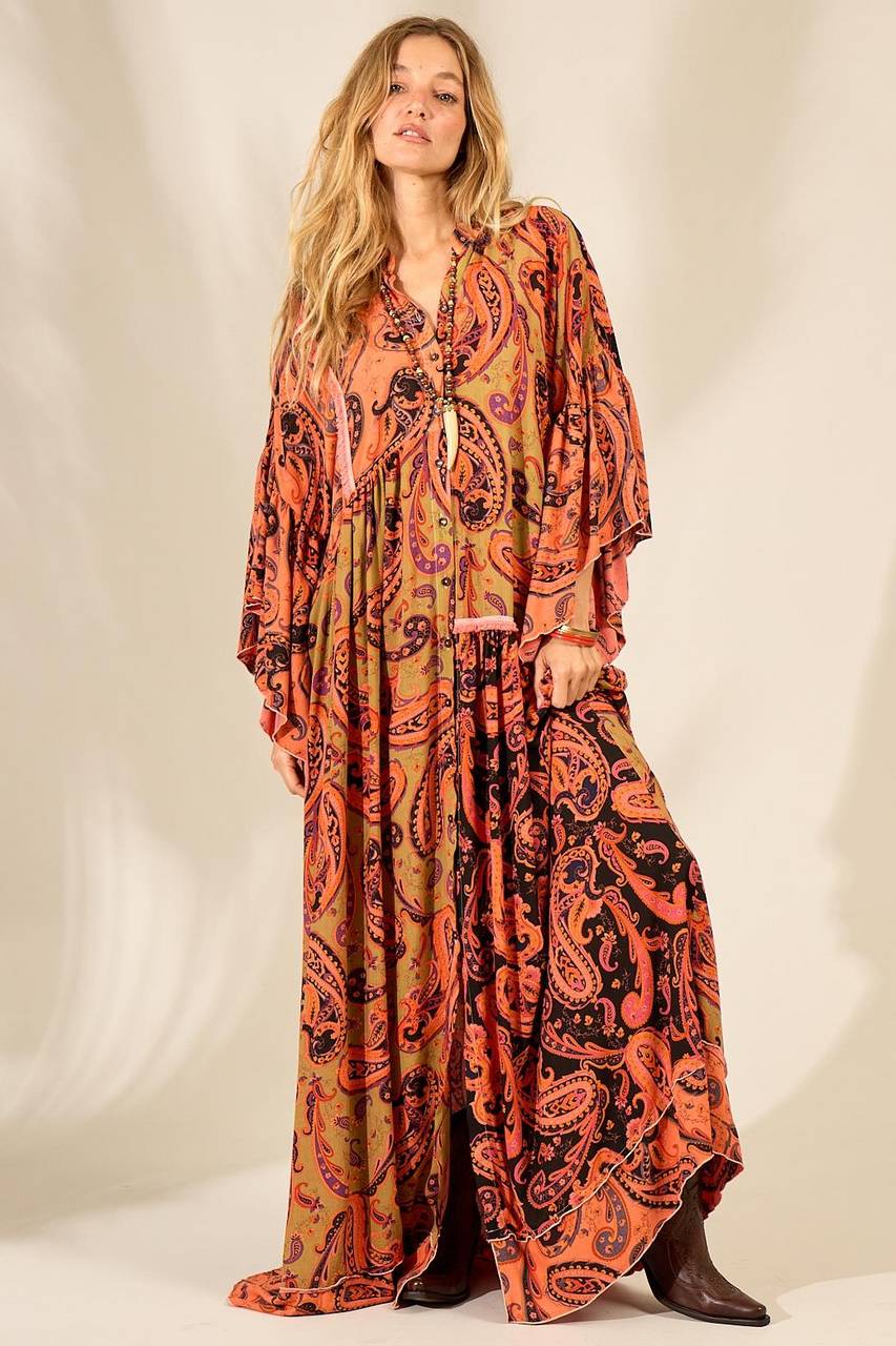Yacamim Orange Cashmere Patchwork Print Long Shirt Dress