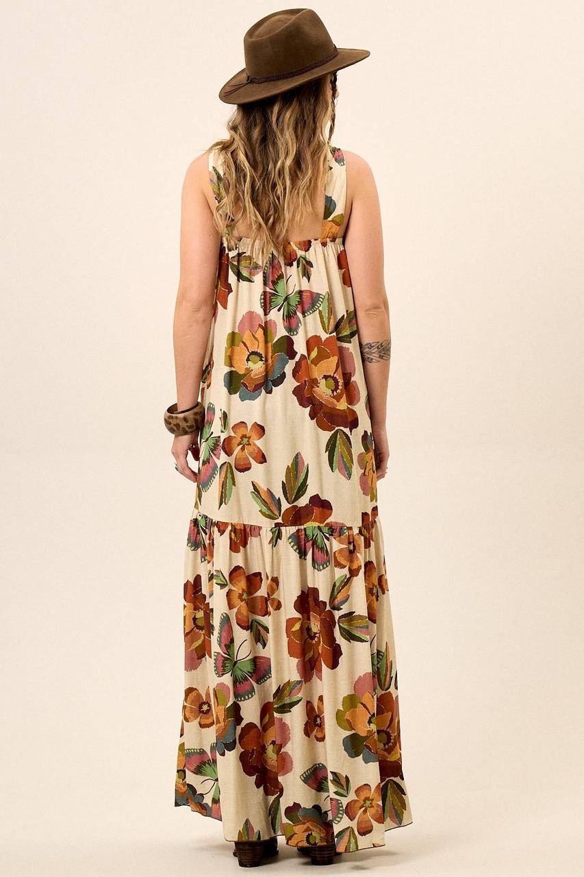 Yacamim Printed Beige V-Neck Wide-Strap Long Dress