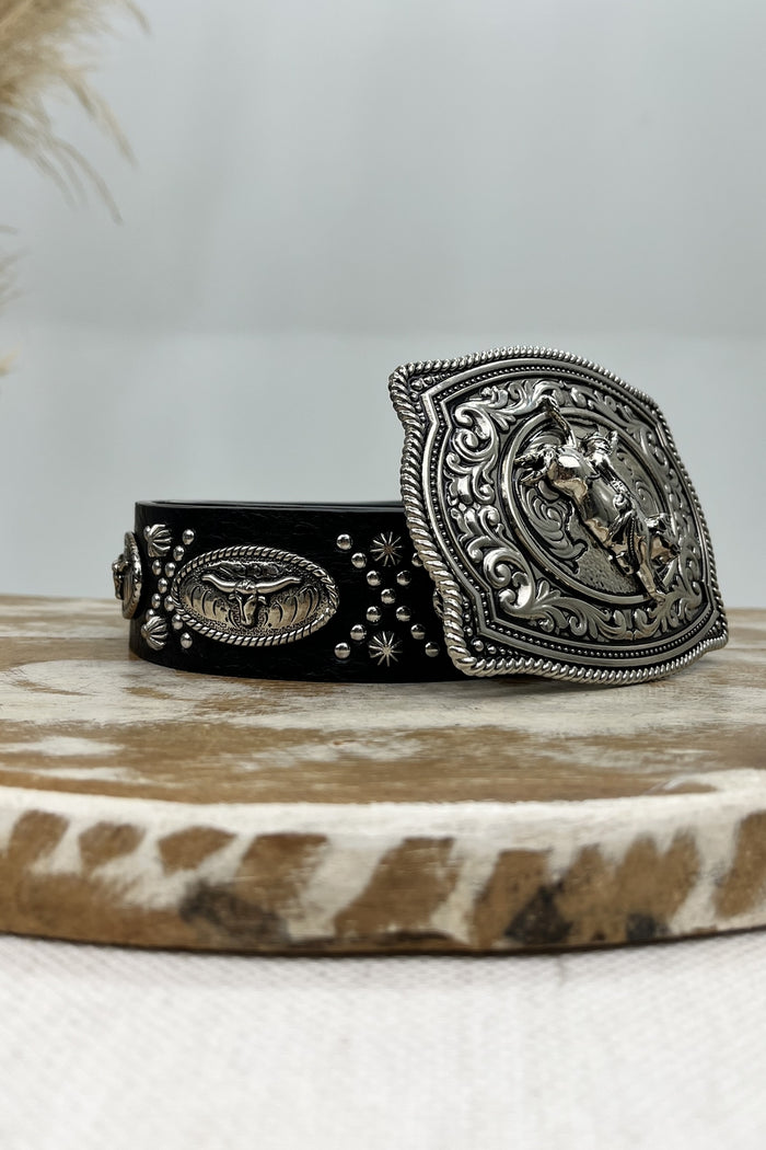 Yacamim Black Leather Belt With Metallic Bull Buckle #219