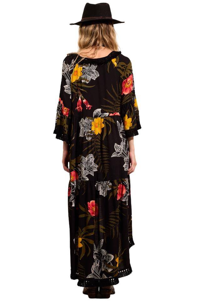 Yacamim C18 Printed Black Mullet Dress with Fringed Cuffs and Hem