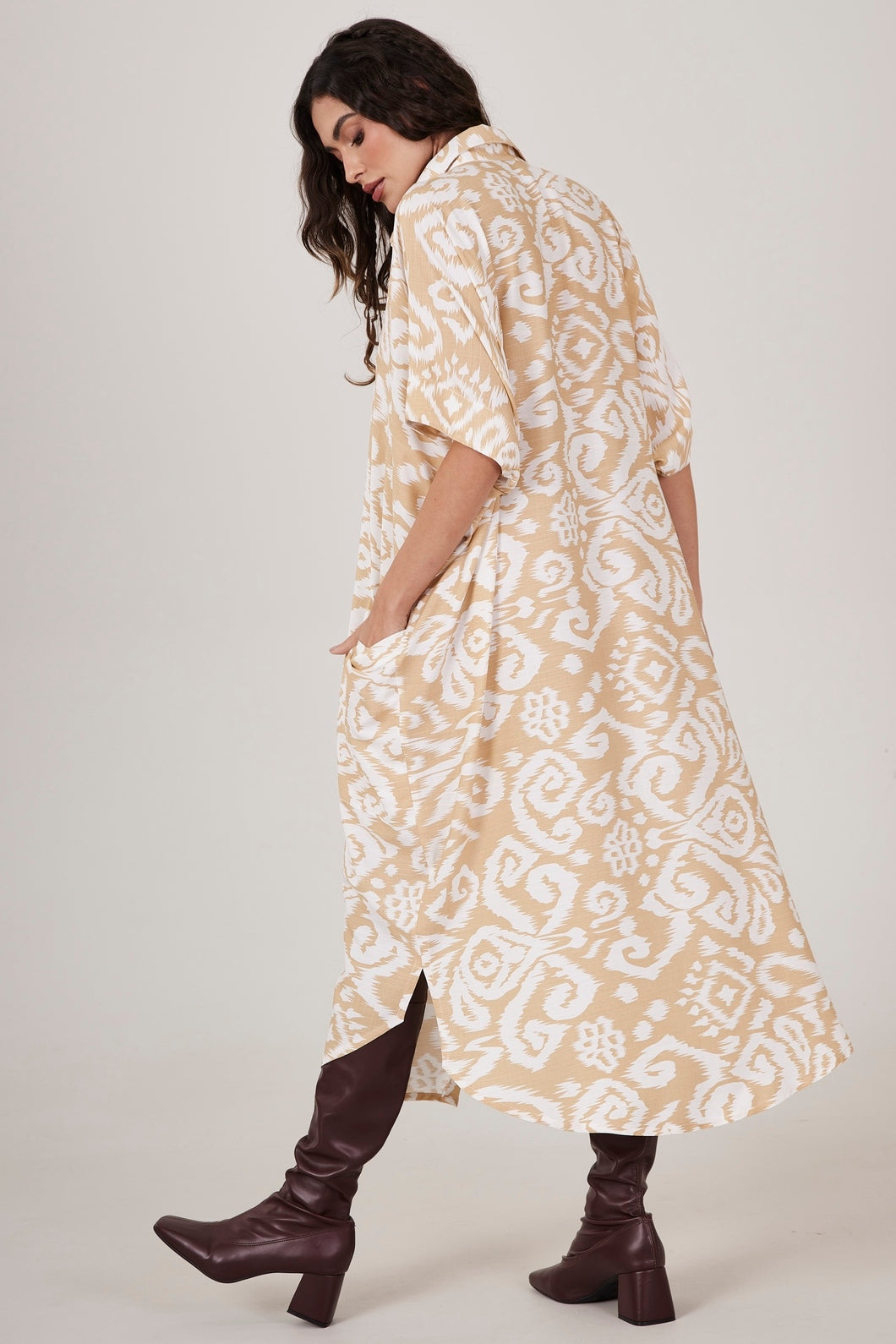 Yacamim L1 Mustard Printed Button-Front Midi Shirtdress