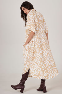 Yacamim L1 Mustard Printed Button-Front Midi Shirtdress