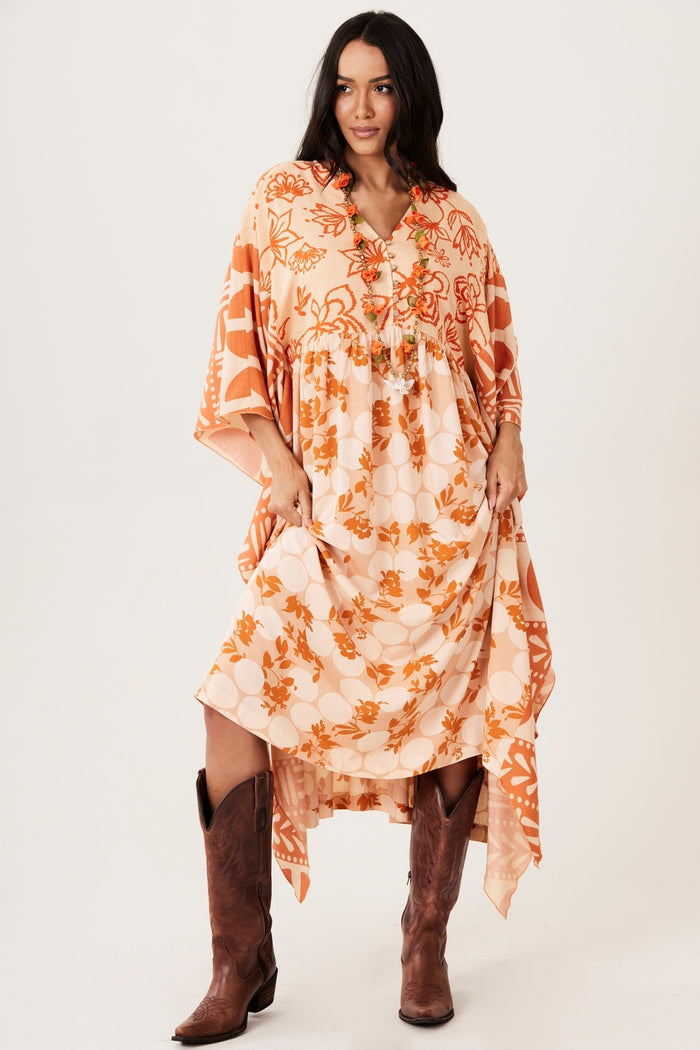 Light Orange Midi Kaftan with Polka Dot Print Yacamim J9
