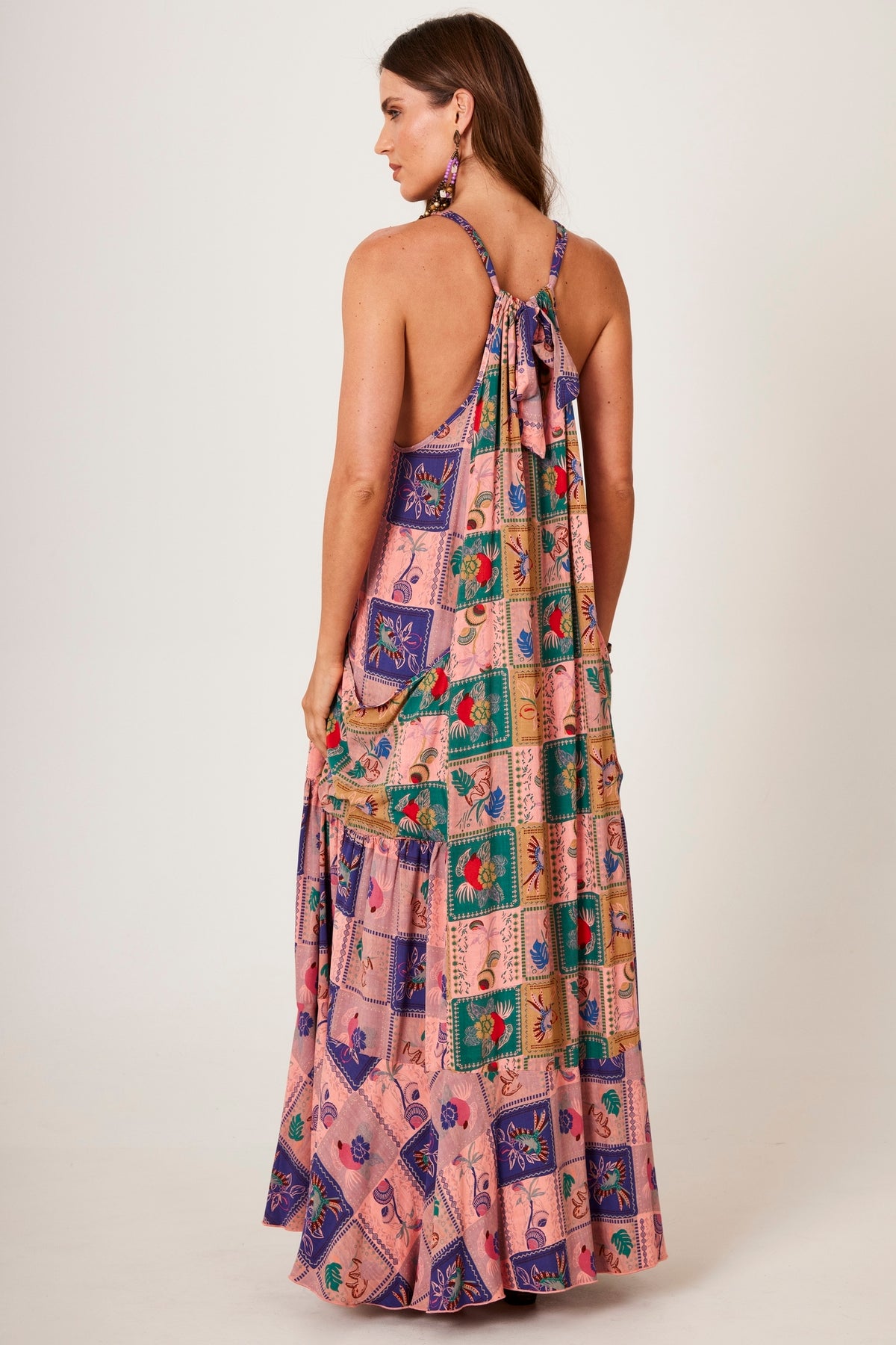 Yacamim Pink Wide Long Dress with Geometric Print E6