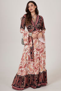 Long Wrap Dress Beige and Black Cashmere Patchwork Yacamim C17