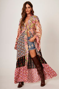 Kimono Long with Pink Fringes Patchwork Print Yacamim J2