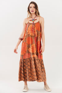 Olinda Midi Dress 100% Cotton Orange Patchwork Yacamim R5