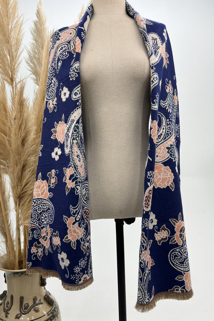 Yacamim Double-Sided Blue Patterned Cashmere Scarf #259