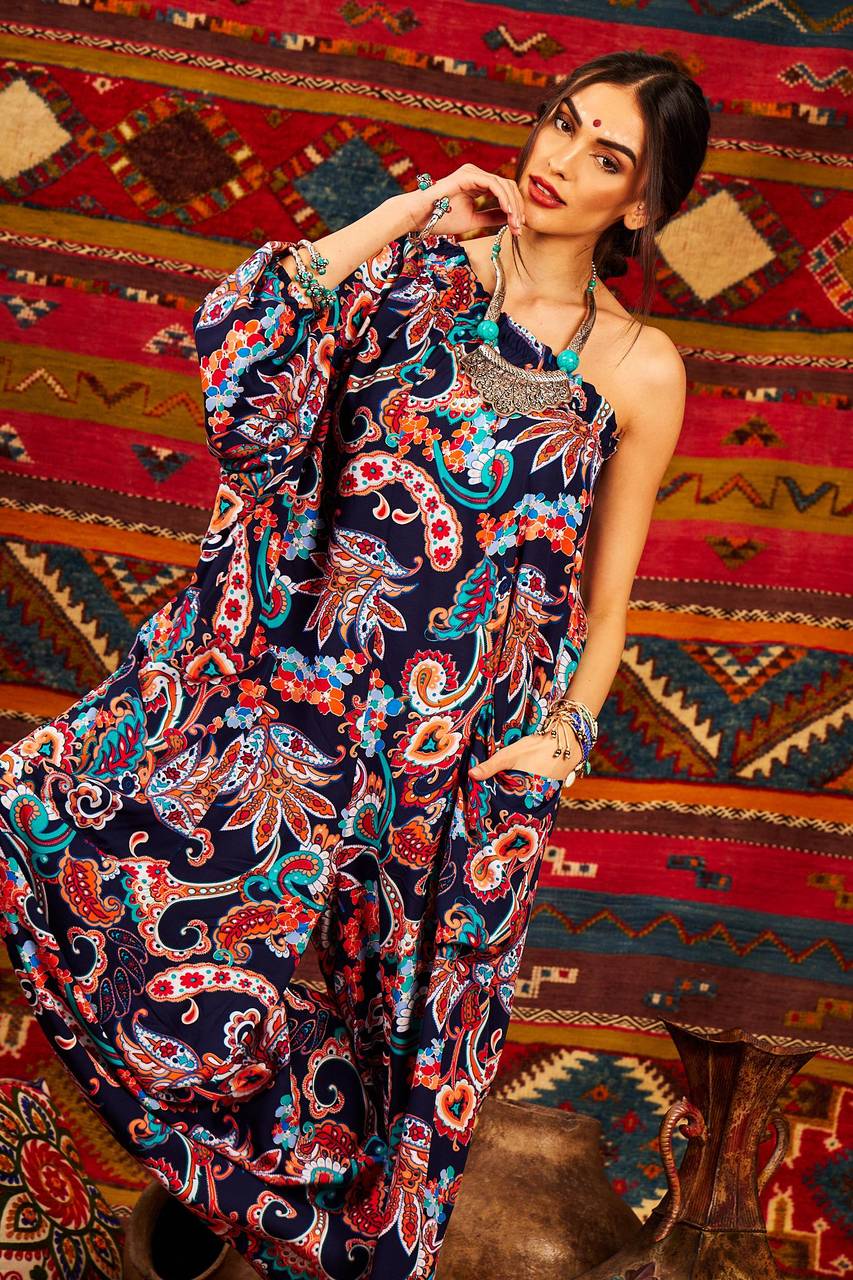Blue One-Shoulder Cashmere Print Wide-Leg Jumpsuit Yacamim