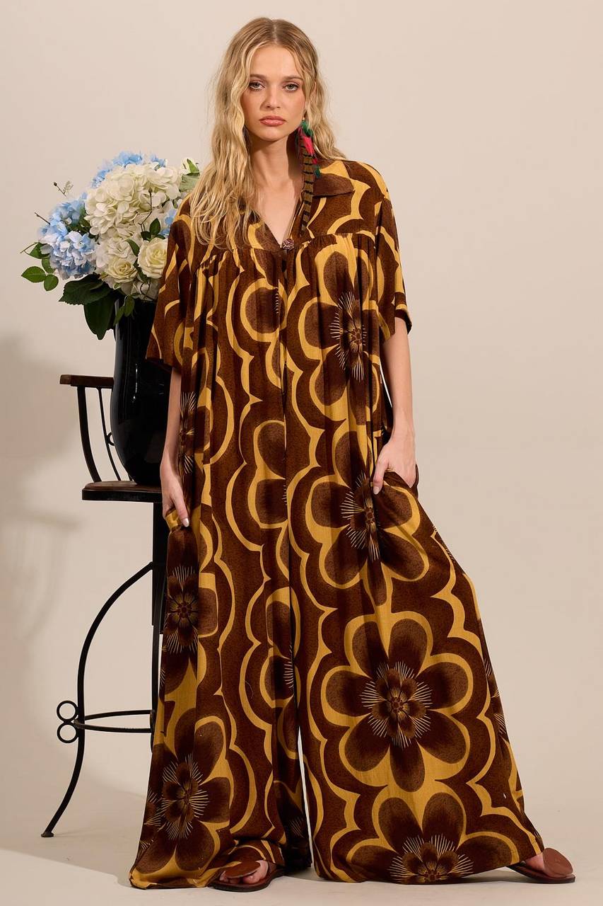 Yacamim Brown Printed V-Neck Wide-Leg Jumpsuit