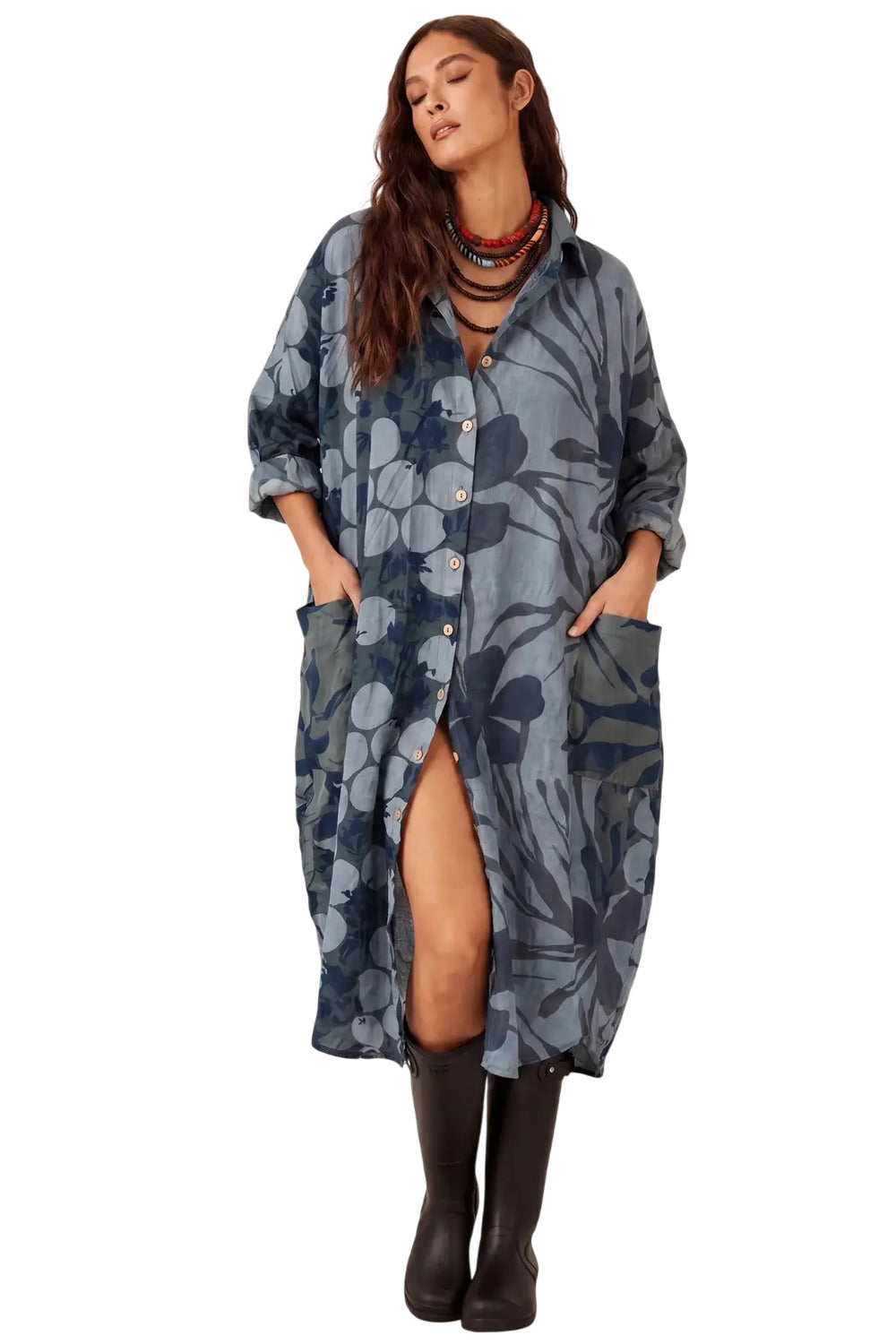 Chemise Ampla Estampada Com Bolsões Azul Petróleo Yacamim S10