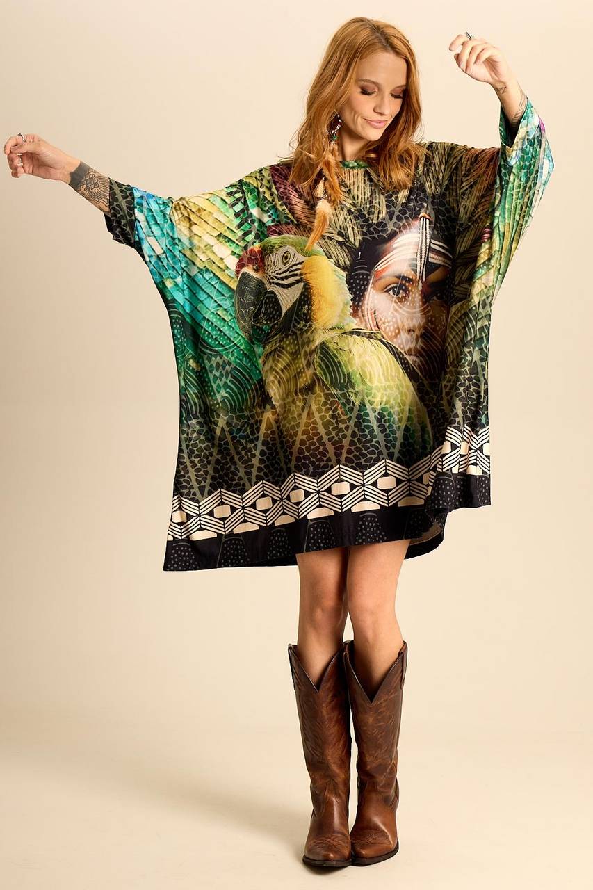 Yacamim B11 Wide Tunic with 3/8 Sleeves - Green Indigenous Print