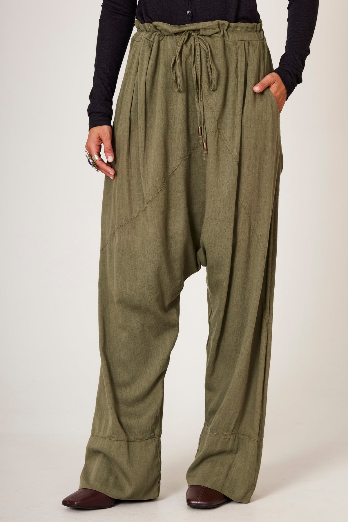 Yacamim Moss Green Plain G1 Harem Pants with Pockets