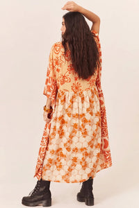 Kaftan Midi Com Manga 3/8 Laranja Patchwork