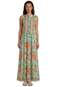 Vestido Longo Sem Mangas Com Botões Verde Pistache Floral yacamim D11