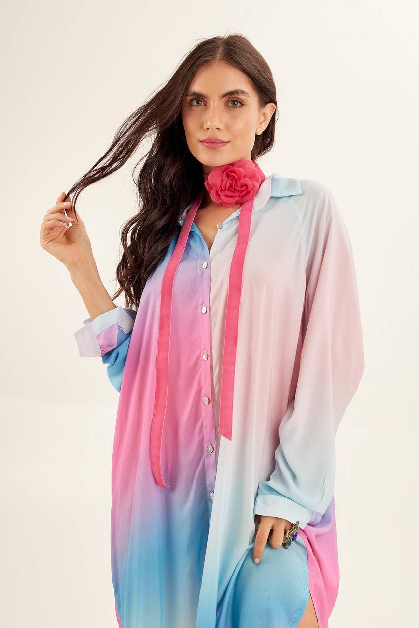 Yacamim Pink and Blue Ombré Long Sleeve Oversized Shirt M3