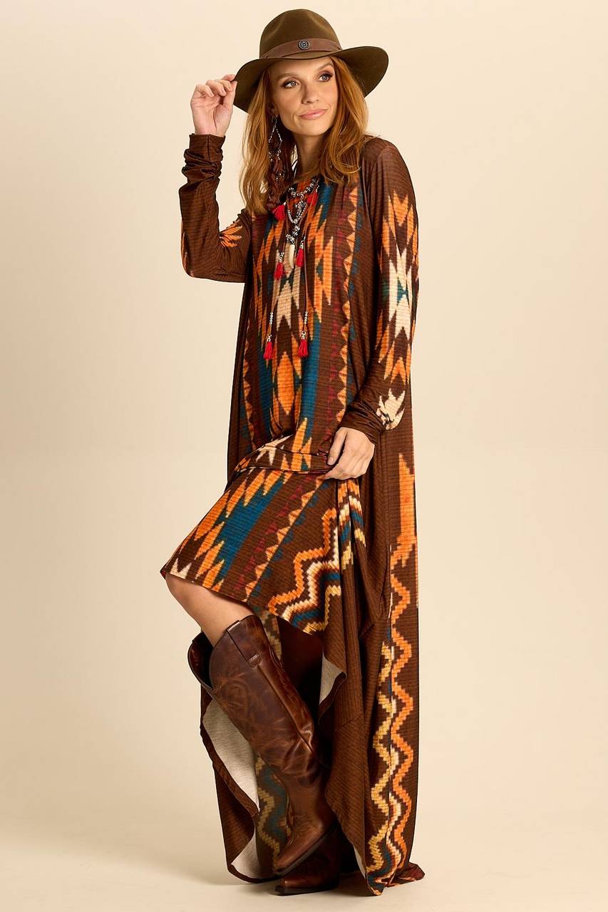 Long Brown Printed Yacamim Dress with Fitted Long Sleeves C18