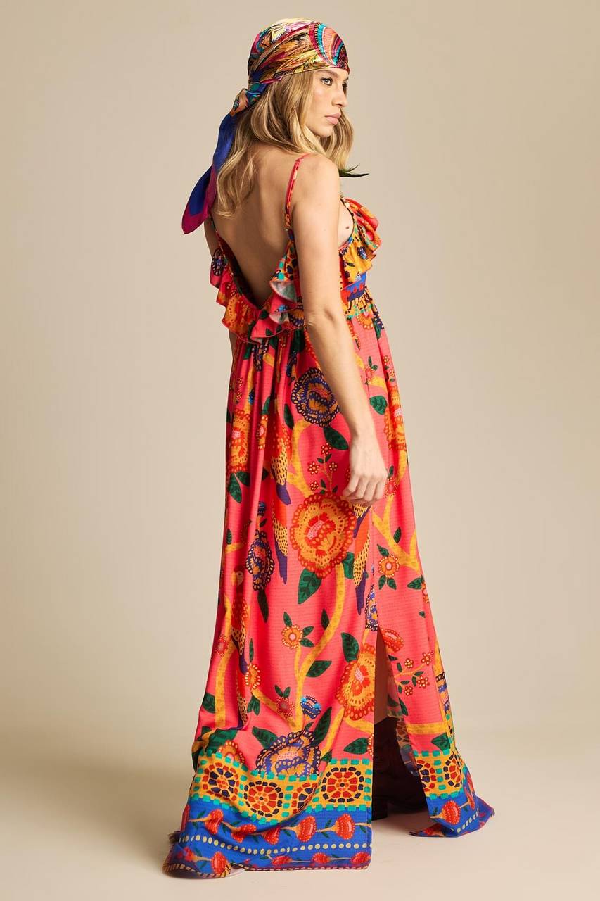 Yacamim E17 Pink Printed Long Dress with Adjustable Straps and Ruffles