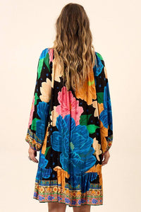 Yacamim Blue Printed Short Dress With Puffy Long Sleeves