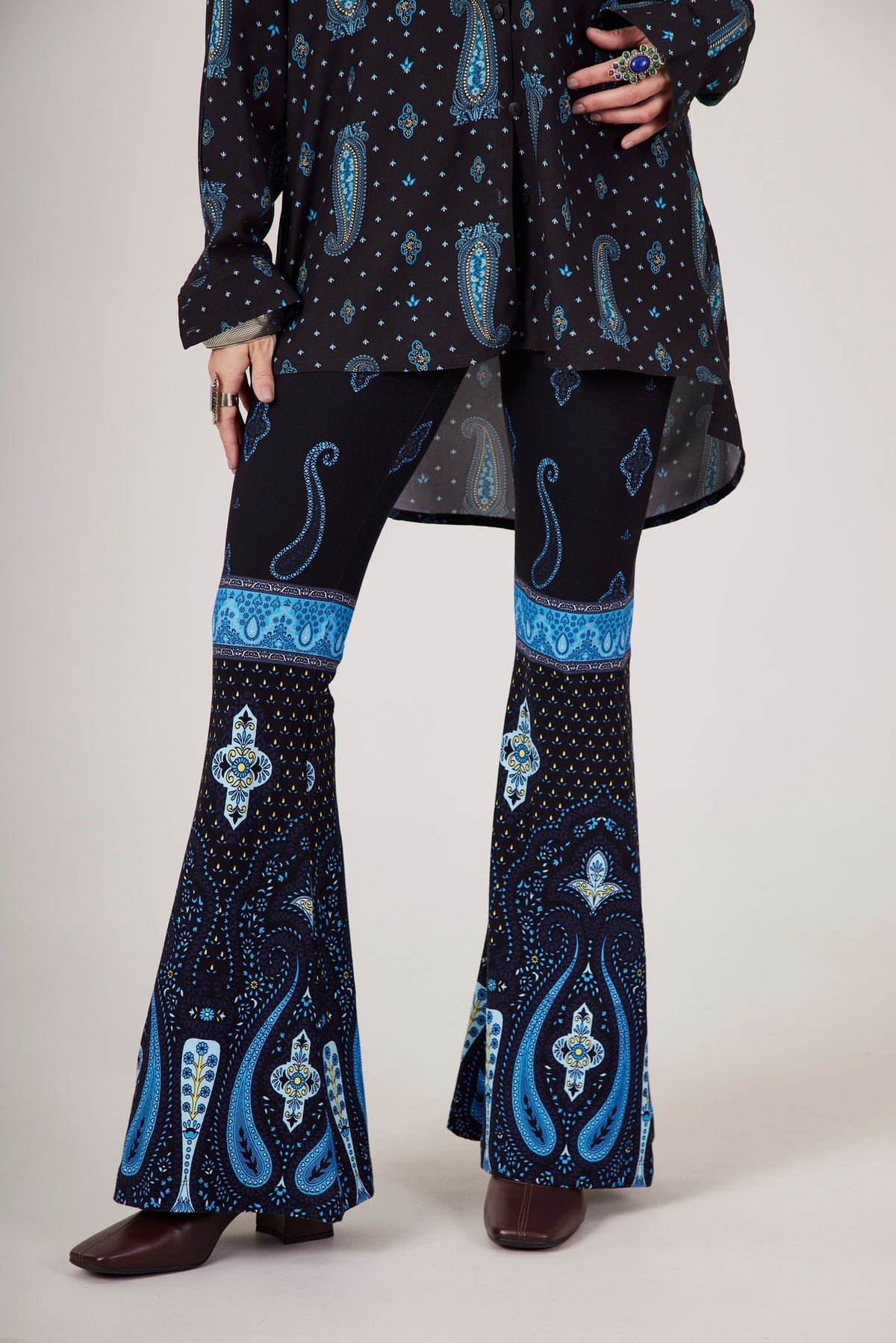 Navy Blue Flare Pants with Cashmere Print Yacamim A26