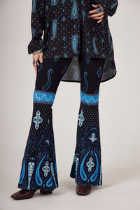 Navy Blue Flare Pants with Cashmere Print Yacamim A26