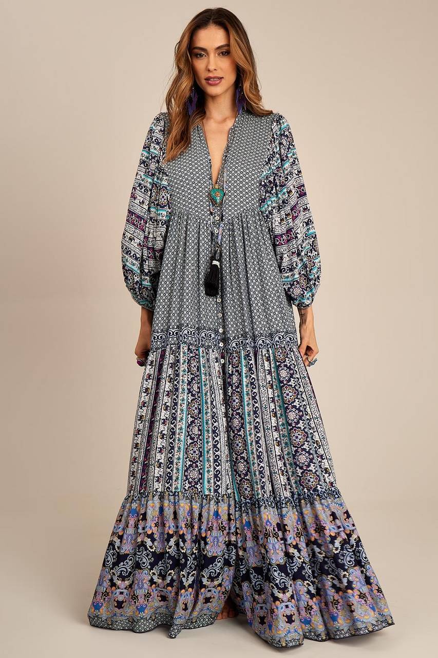 Yacamim Patchwork Blue Long Chemise Dress with Puffed Long Sleeves
