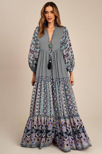 Yacamim Patchwork Blue Long Chemise Dress with Puffed Long Sleeves