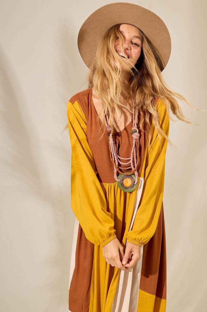 Yacamim Yellow Midi Dress with Puffed Long Sleeves <br />
