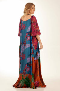 Yacamim Patchwork Print Wide Long Dress With Puffy Sleeves