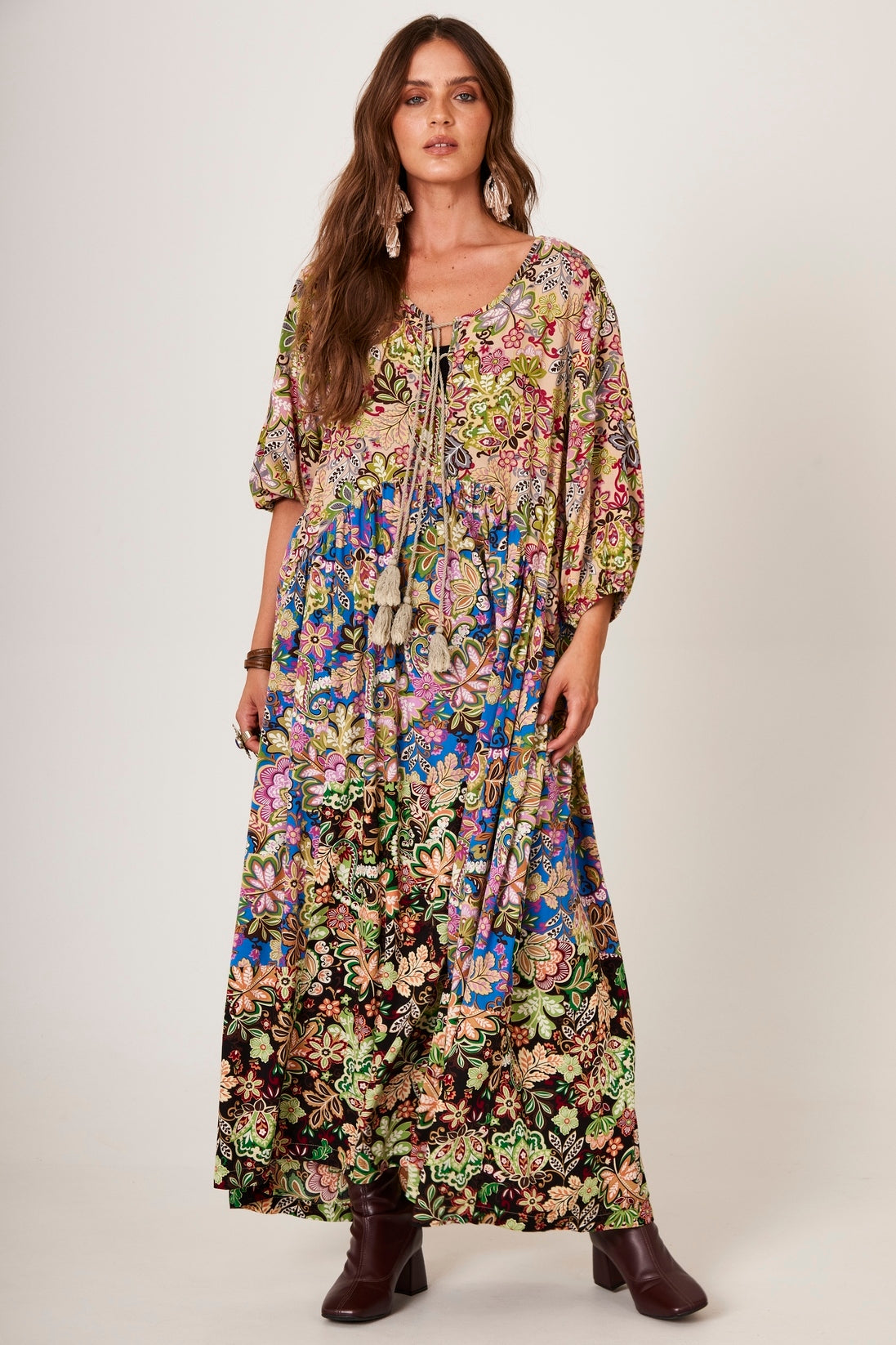 Long Dress With 3/8 Sleeves Green Patchwork Yacamim E14