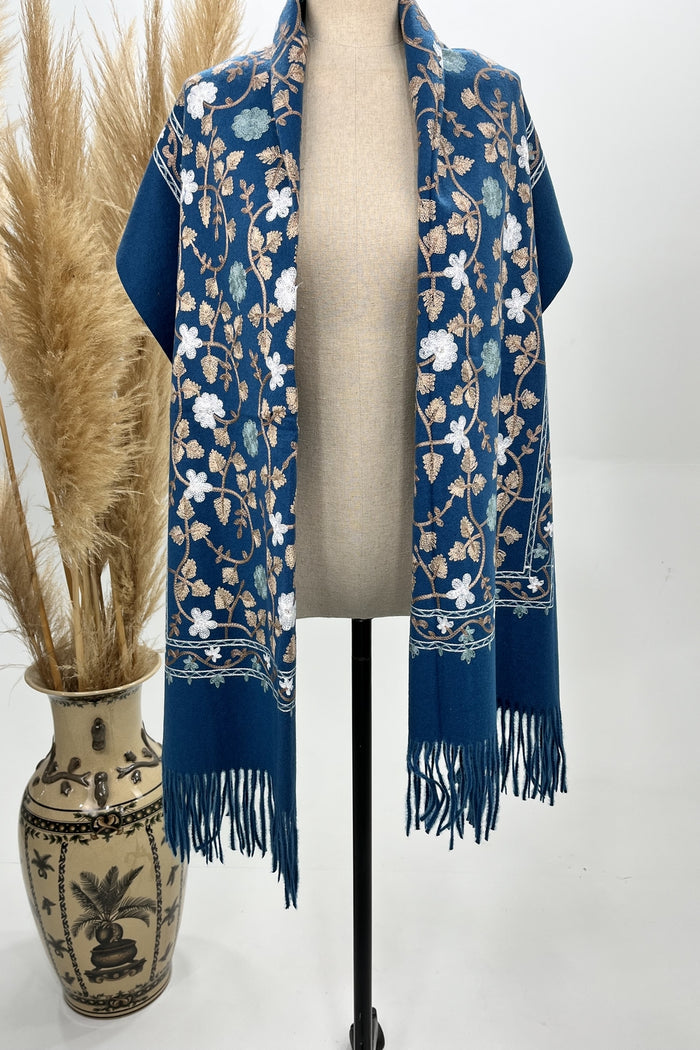 Petrol Blue Embroidered Cashmere Scarf Yacamim #223