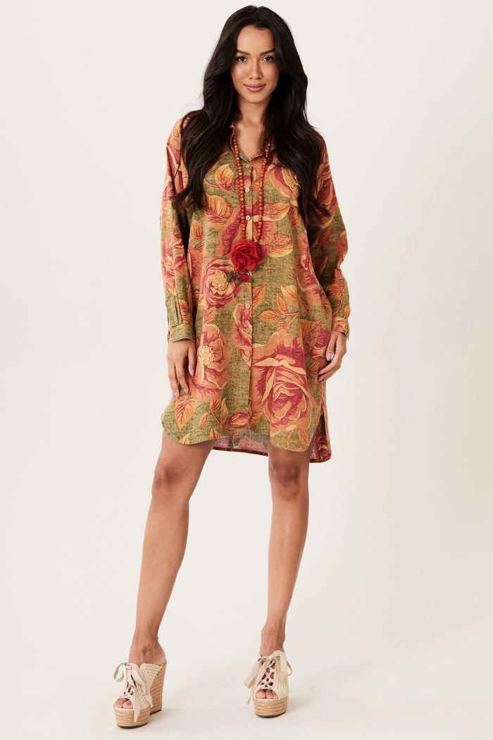 Yacamim Ouro Preto 100% Cotton Green Chemise with Orange Flowers R6