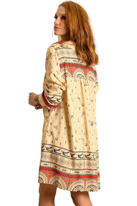 Relaxed Fit Long-Sleeve Tunic Shirt in Printed Beige Yacamim
