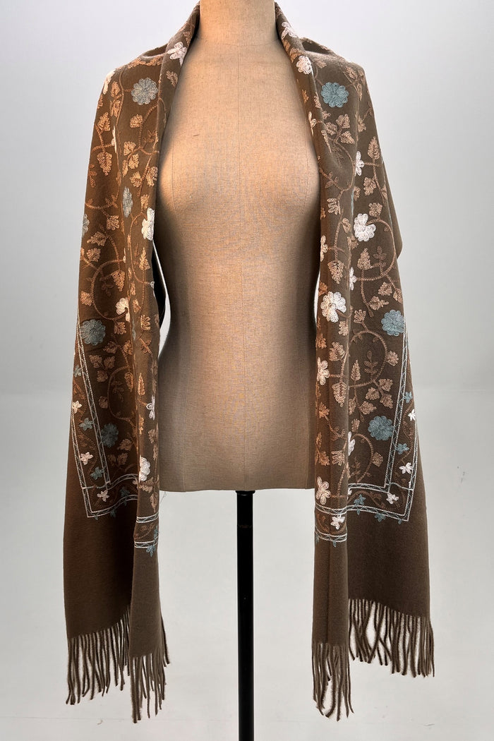Brown Embroidered Cashmere Scarf Yacamim #317