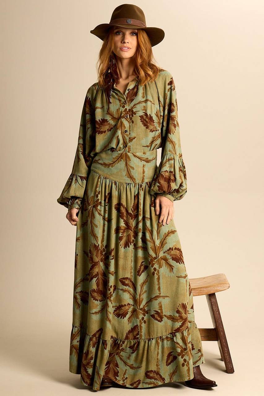 Yacamim A29 Printed Green Linen Long Skirt with Ruffles