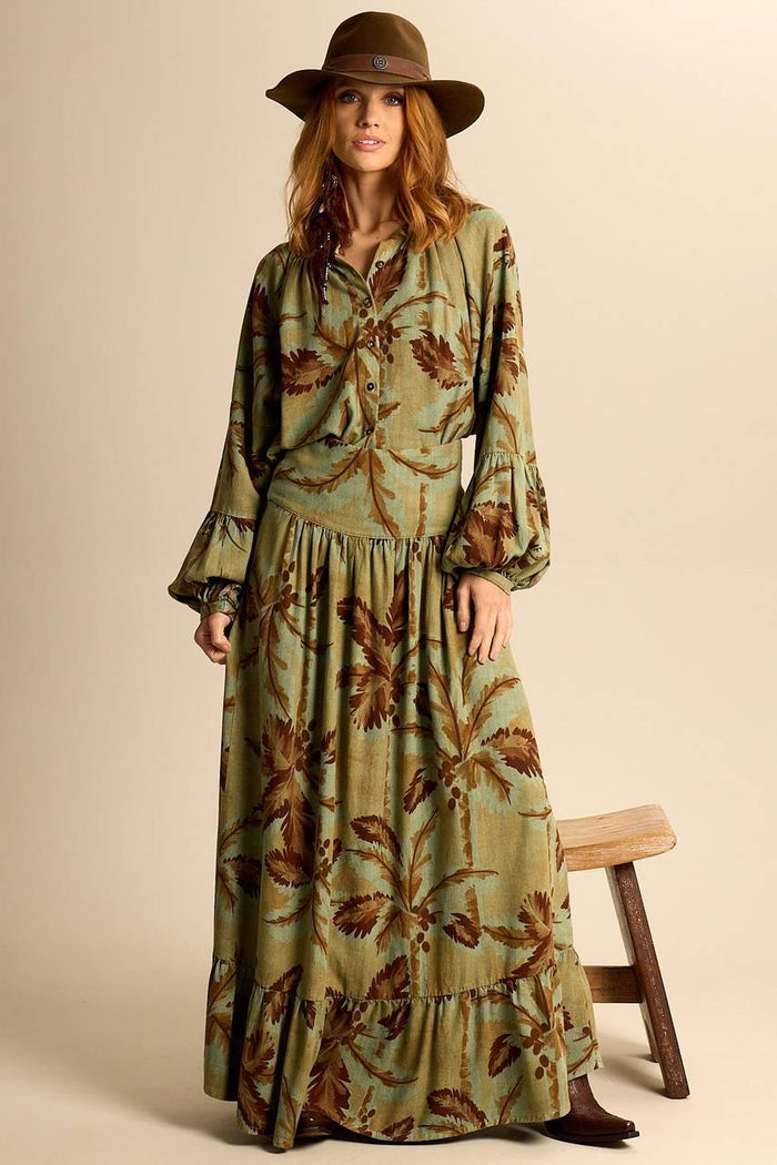 Yacamim A29 Printed Green Linen Long Skirt with Ruffles