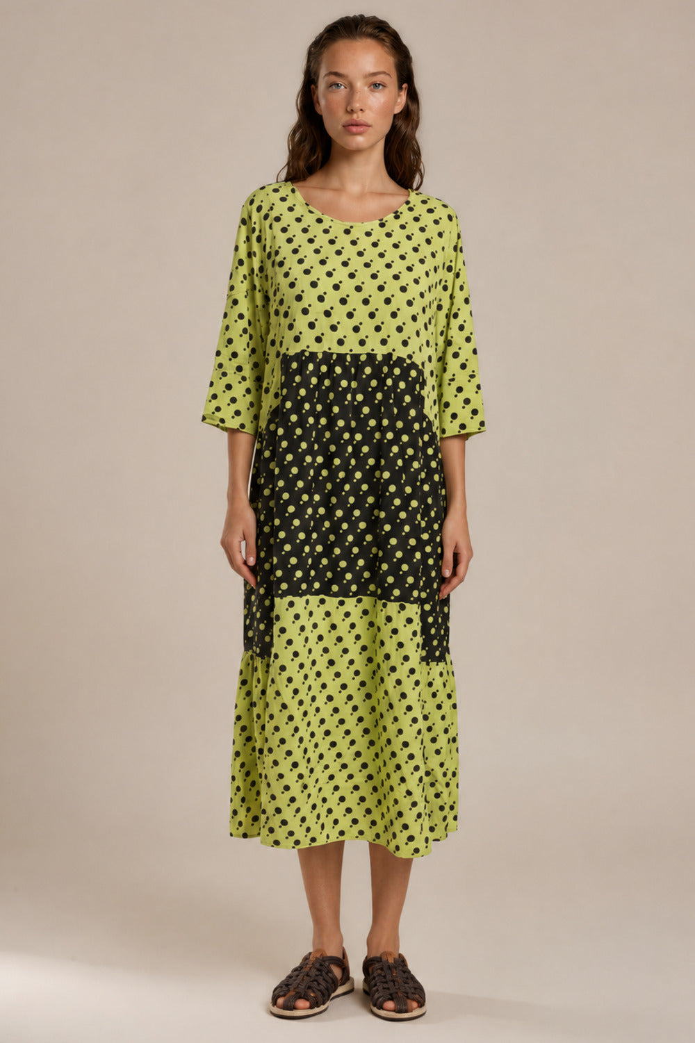 Vestido Patchwork Midi Com Recortes D17 - Poá