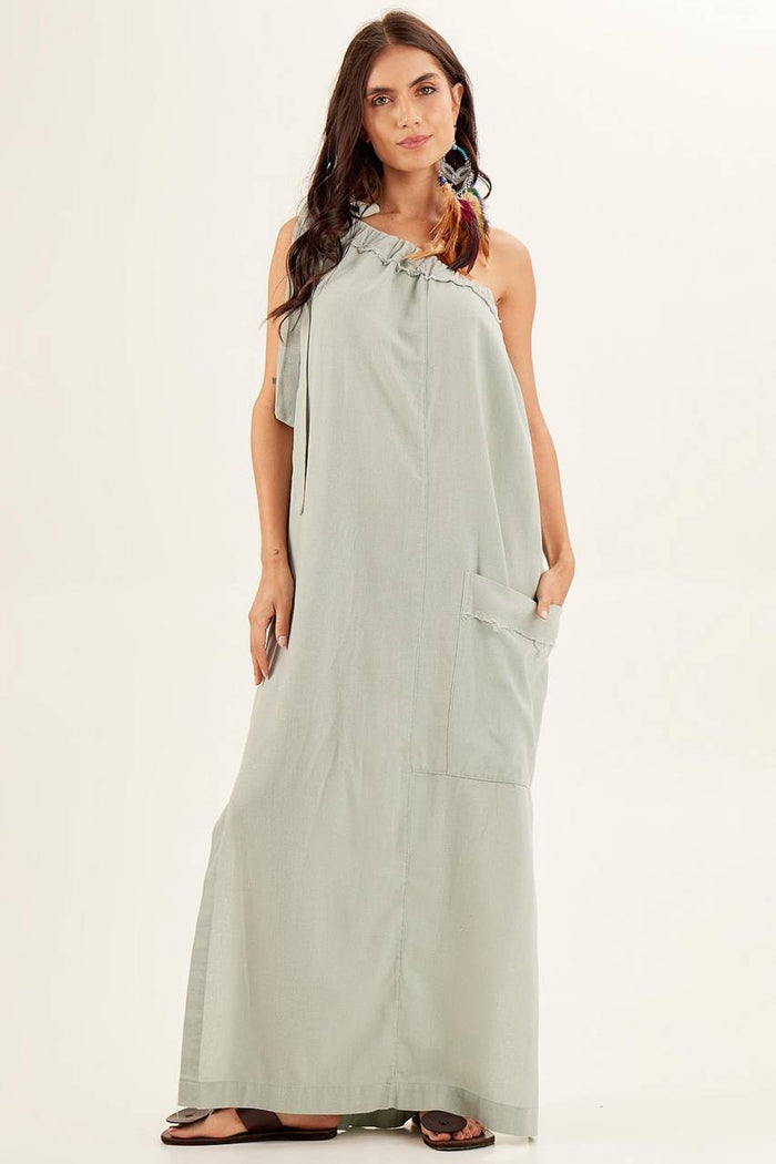 Yacamim Mint Green One-Shoulder Linen Maxi Dress