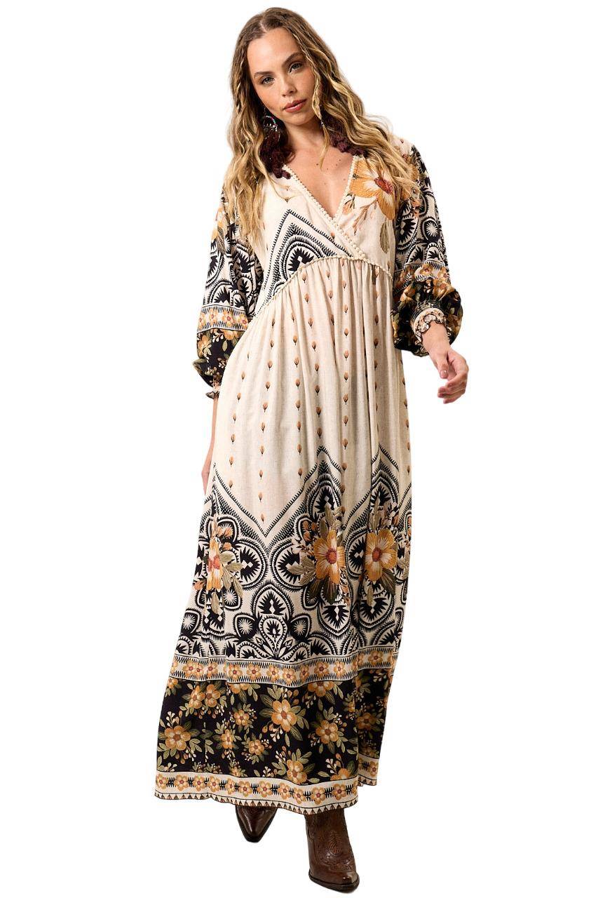 Yacamim Beige Printed Long Dress with Puffy Sleeves